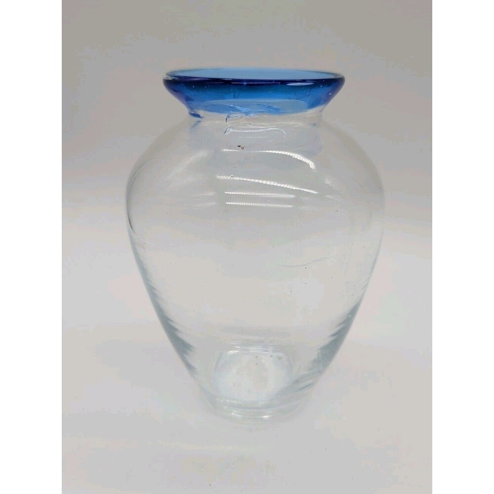 Art Glass Vase Mouth Blown Cobalt Rim Vase